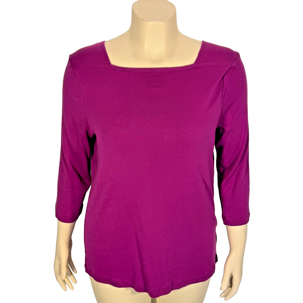 Chico's Knit Top Women's XL (3) Purple Square Neck Flare Hem 3/4 Sleeve
